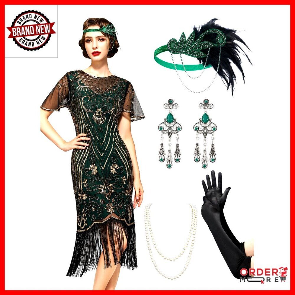 Flapper Dress with Lace Neck and Fringe - 1920s Costume for Prom Parties